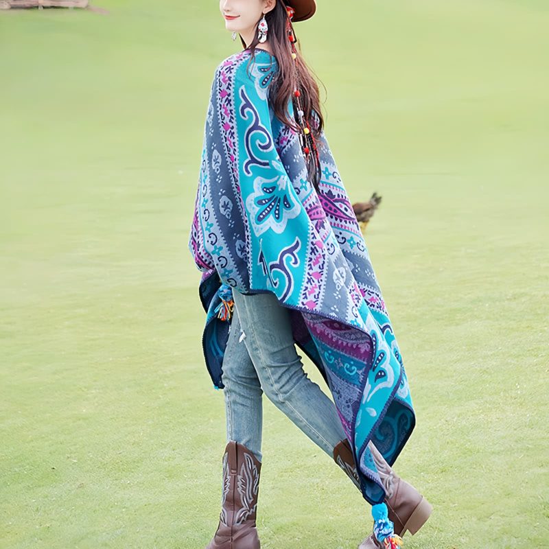 Chalina Tibetana con Diseño Floral Geométrico Tibetan Geometric Floral Design Shawl
