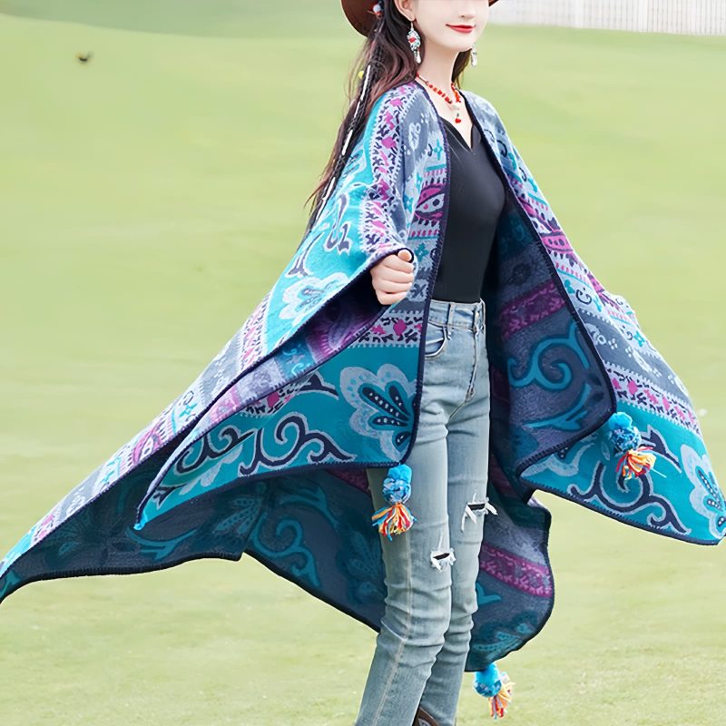 Chalina Tibetana con Diseño Floral Geométrico Tibetan Geometric Floral Design Shawl