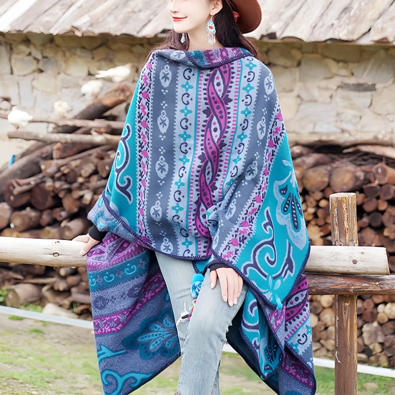 Chalina Tibetana con Diseño Floral Geométrico Tibetan Geometric Floral Design Shawl