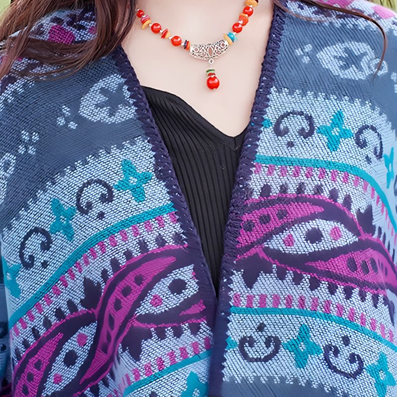 Chalina Tibetana con Diseño Floral Geométrico Tibetan Geometric Floral Design Shawl