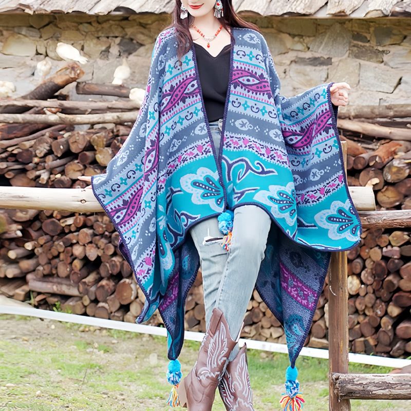 Chalina Tibetana con Diseño Floral Geométrico Tibetan Geometric Floral Design Shawl