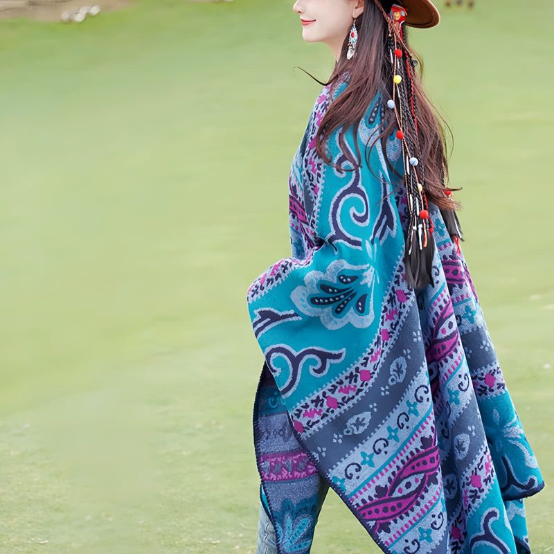 Chalina Tibetana con Diseño Floral Geométrico Tibetan Geometric Floral Design Shawl