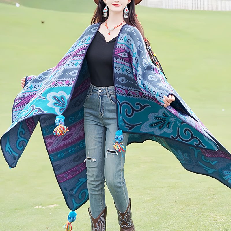 Chalina Tibetana con Diseño Floral Geométrico Tibetan Geometric Floral Design Shawl