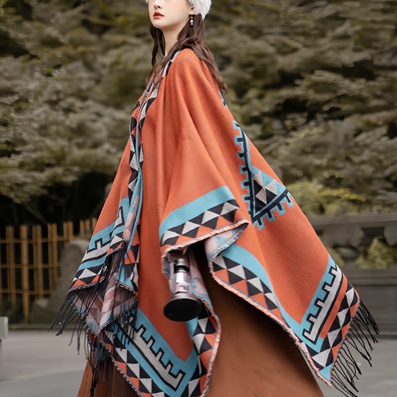 Chaleco Tibetano Geométrico Naranja Tibetan Geometric Orange Shawl