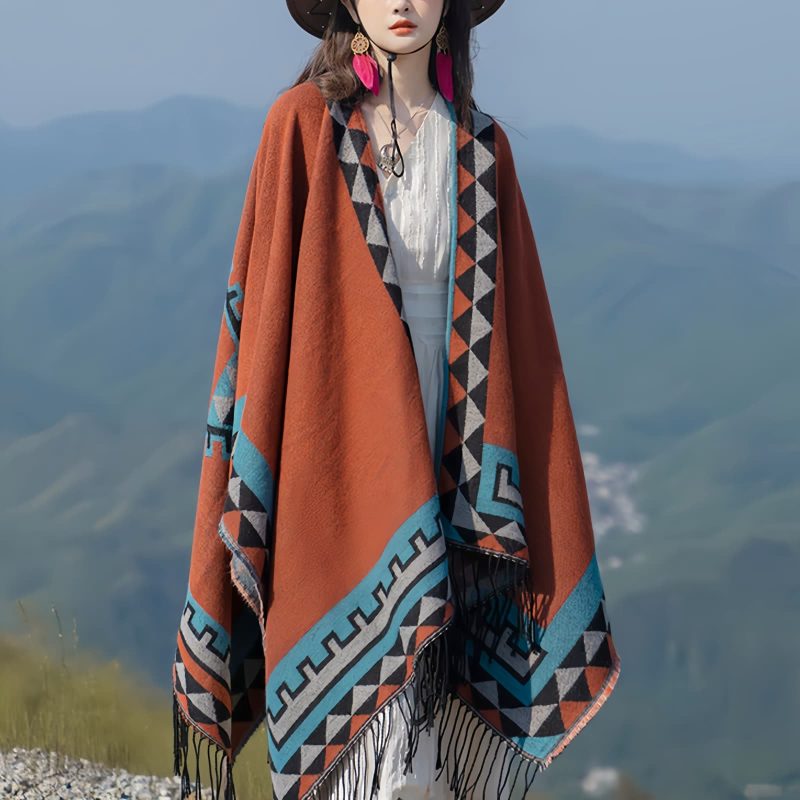 Chaleco Tibetano Geométrico Naranja Tibetan Geometric Orange Shawl