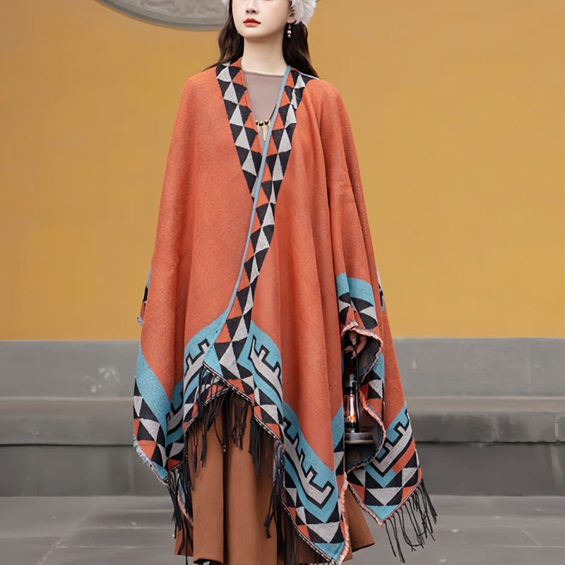 Chaleco Tibetano Geométrico Naranja Tibetan Geometric Orange Shawl