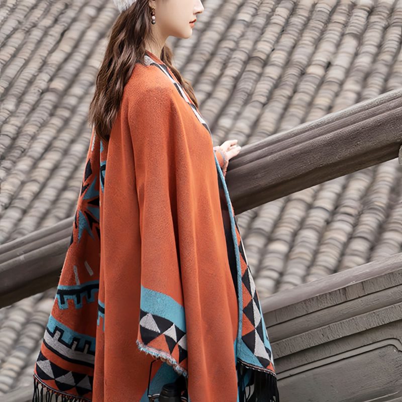 Chaleco Tibetano Geométrico Naranja Tibetan Geometric Orange Shawl