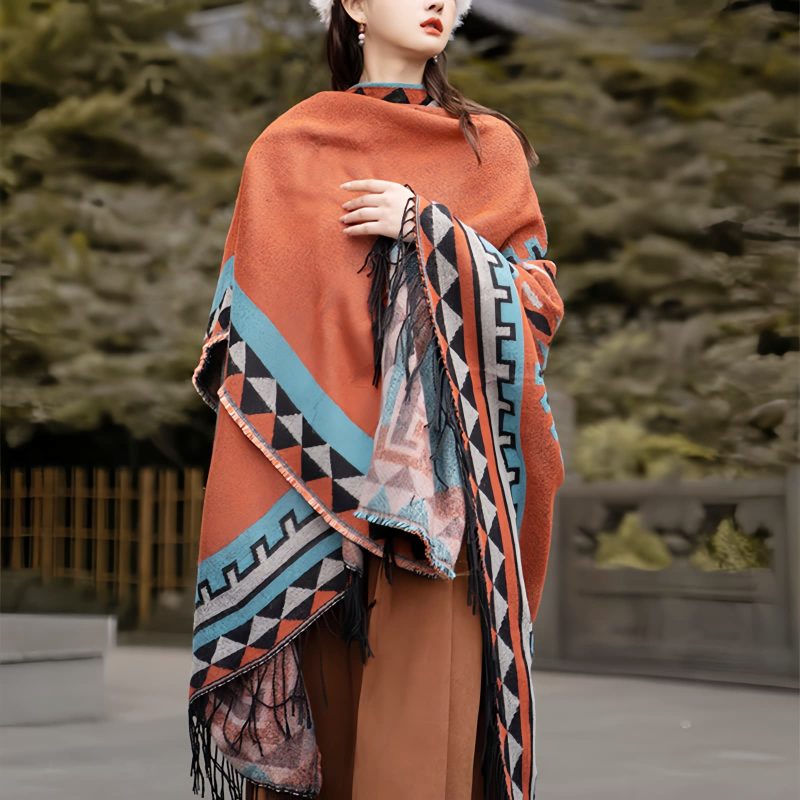 Chaleco Tibetano Geométrico Naranja Tibetan Geometric Orange Shawl