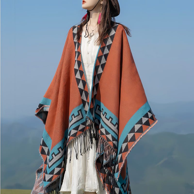 Chaleco Tibetano Geométrico Naranja Tibetan Geometric Orange Shawl