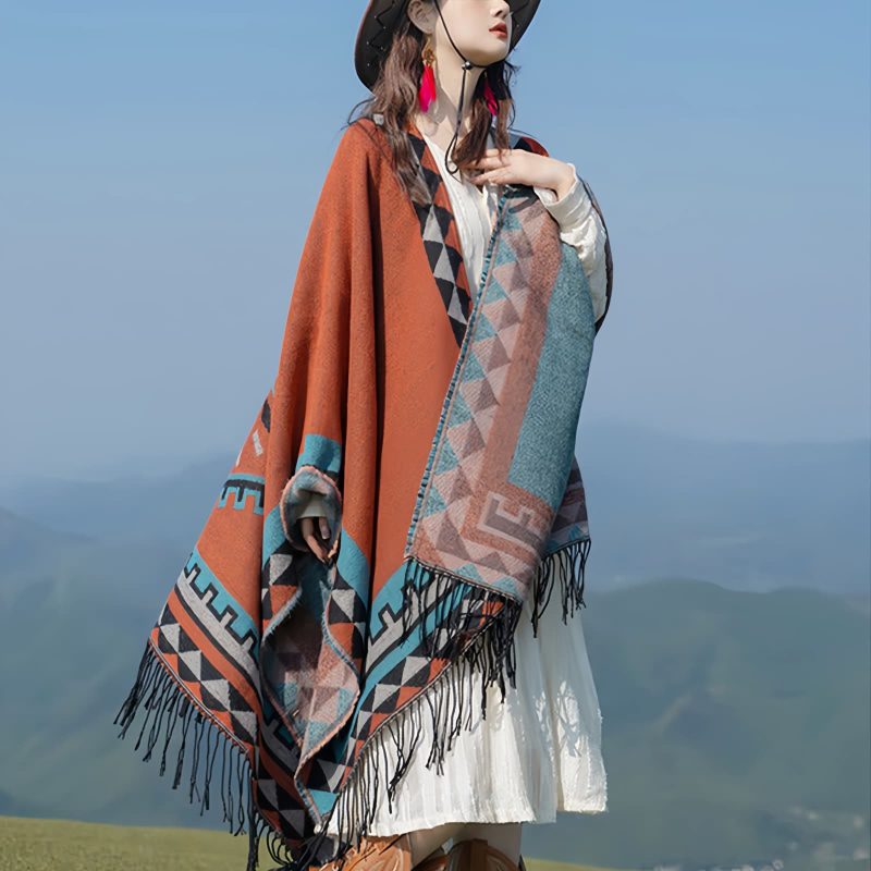 Chaleco Tibetano Geométrico Naranja Tibetan Geometric Orange Shawl