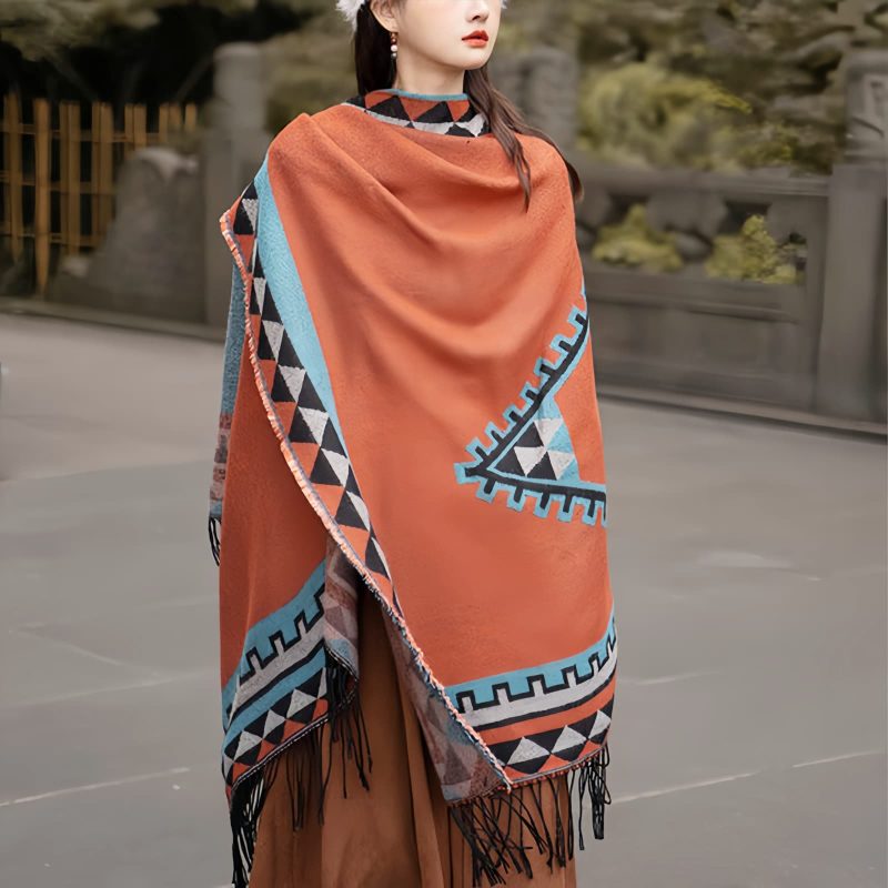 Chaleco Tibetano Geométrico Naranja Tibetan Geometric Orange Shawl