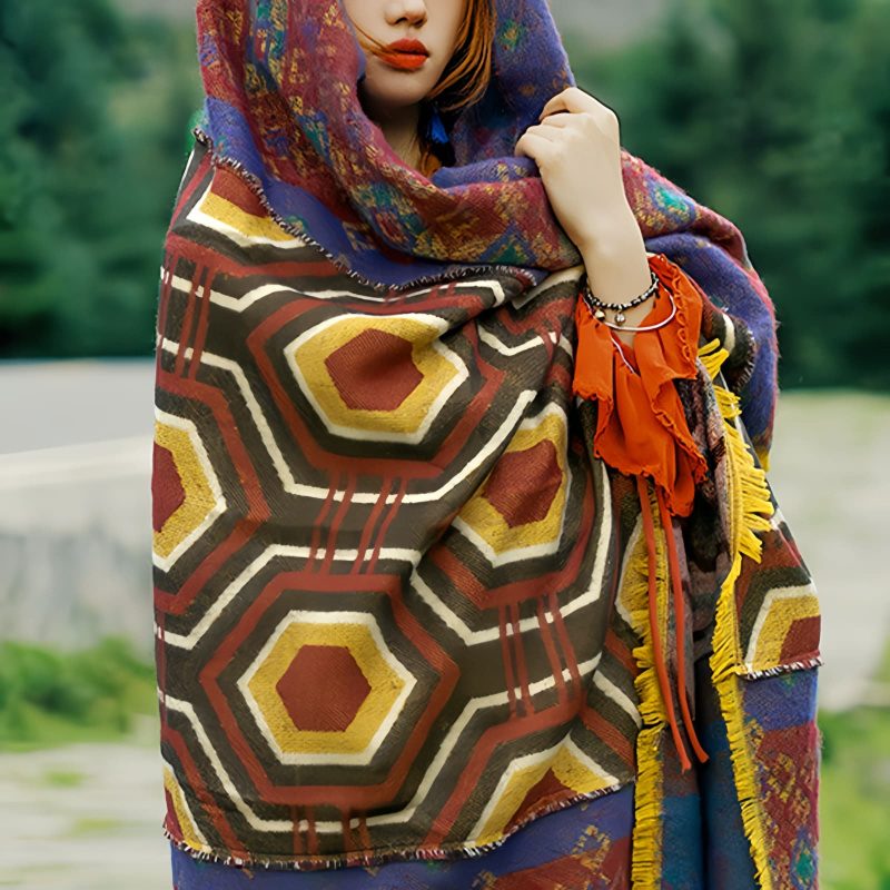Chal Chal de Patrón Geométrico Tibetano Tibetan Geometric Pattern Shawl