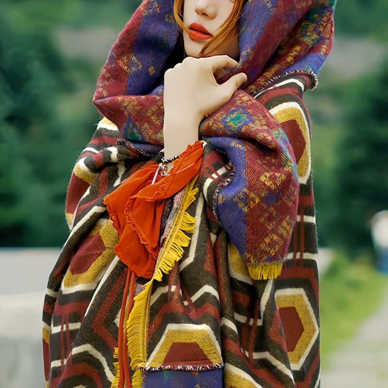 Chal Chal de Patrón Geométrico Tibetano Tibetan Geometric Pattern Shawl