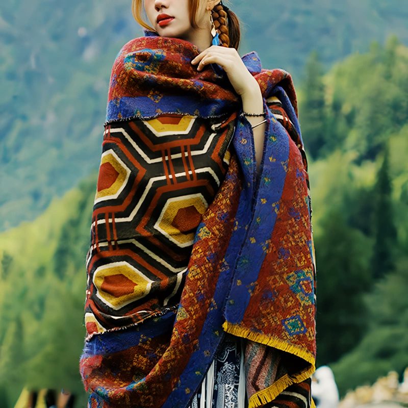 Chal Chal de Patrón Geométrico Tibetano Tibetan Geometric Pattern Shawl