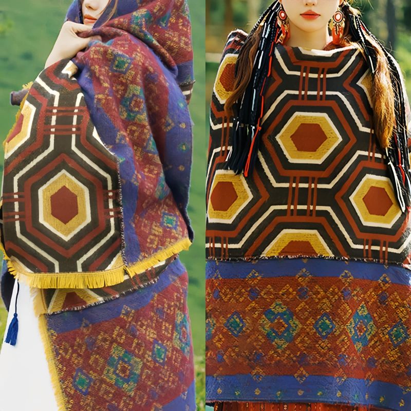 Chal Chal de Patrón Geométrico Tibetano Tibetan Geometric Pattern Shawl