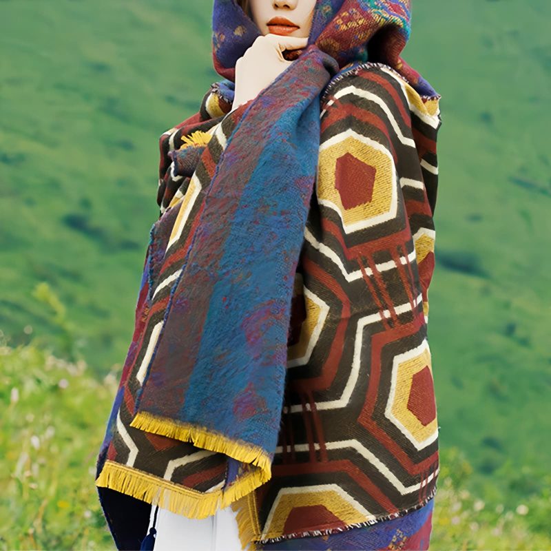 Chal Chal de Patrón Geométrico Tibetano Tibetan Geometric Pattern Shawl