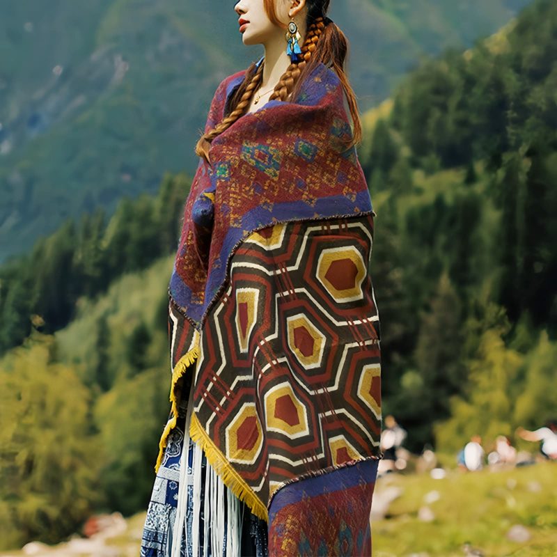 Chal Chal de Patrón Geométrico Tibetano Tibetan Geometric Pattern Shawl