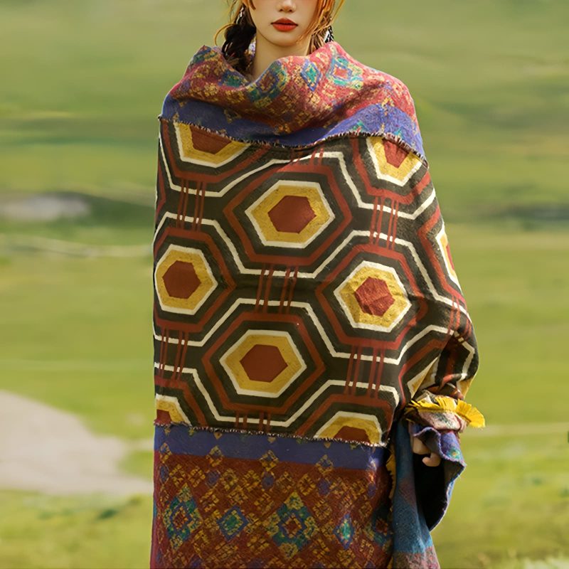 Chal Chal de Patrón Geométrico Tibetano Tibetan Geometric Pattern Shawl
