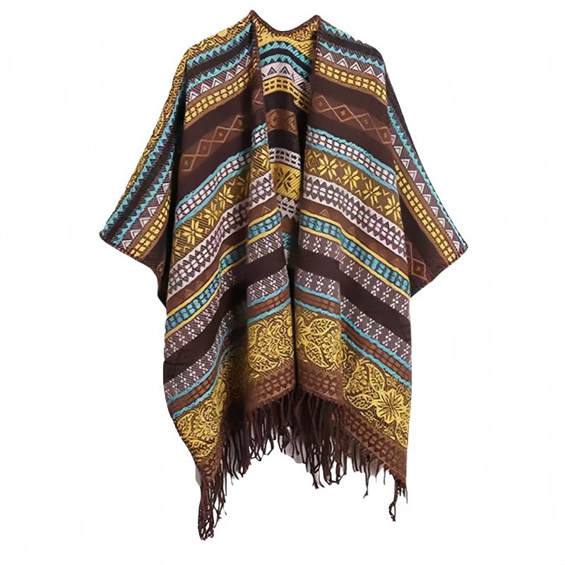 Xale Geométrico Tibetano com Franjas Tibetan Geometric Tassel Shawl