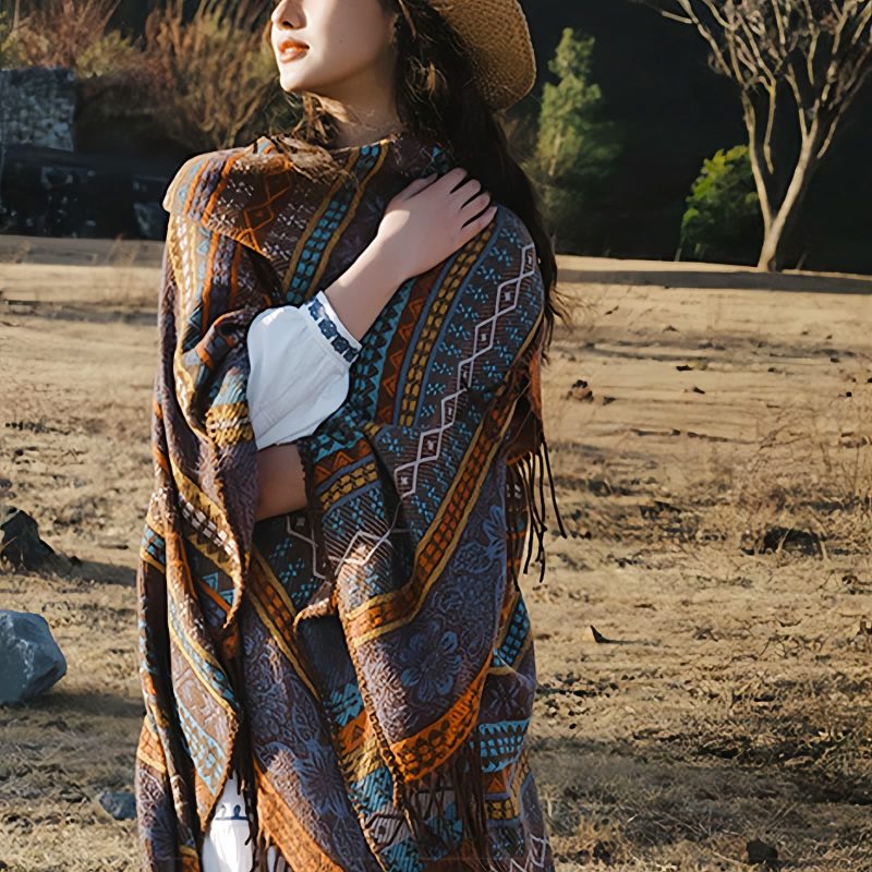 Xale Geométrico Tibetano com Franjas Tibetan Geometric Tassel Shawl