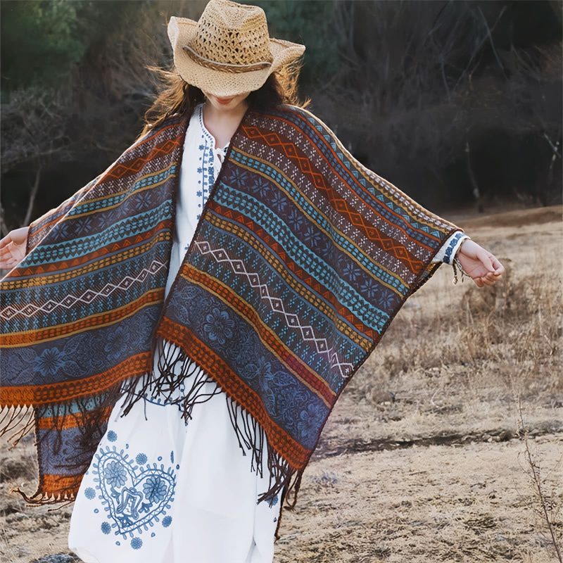 Xale Geométrico Tibetano com Franjas Tibetan Geometric Tassel Shawl