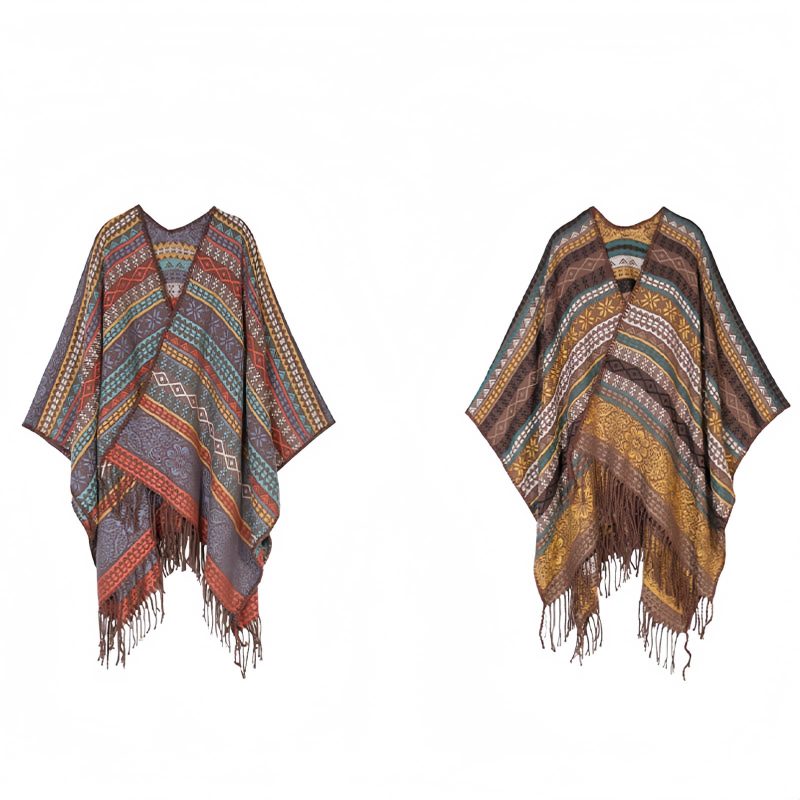 Xale Geométrico Tibetano com Franjas Tibetan Geometric Tassel Shawl