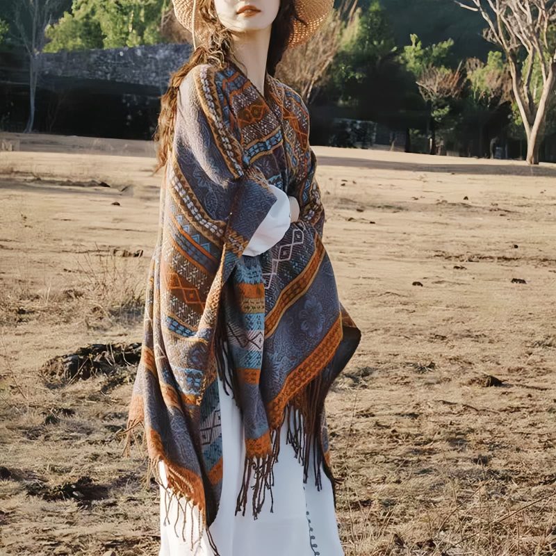 Xale Geométrico Tibetano com Franjas Tibetan Geometric Tassel Shawl