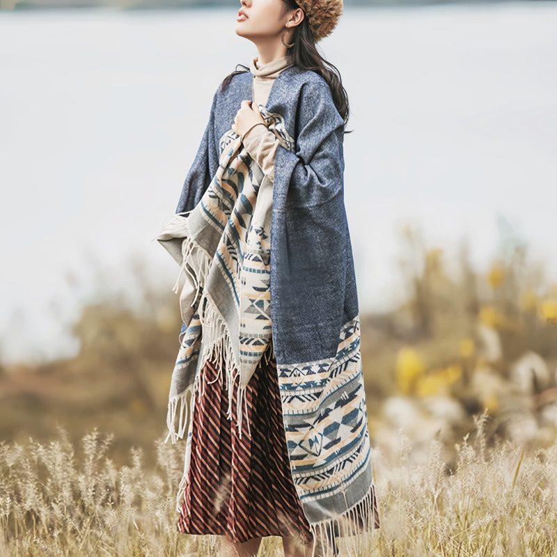 Chale Tibetano con Borlas Geométricas Tibetan Geometric Tassel Shawl