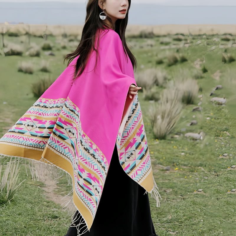Chale Tibetano con Borlas Geométricas Tibetan Geometric Tassel Shawl