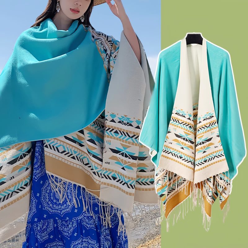 Chale Tibetano con Borlas Geométricas Tibetan Geometric Tassel Shawl