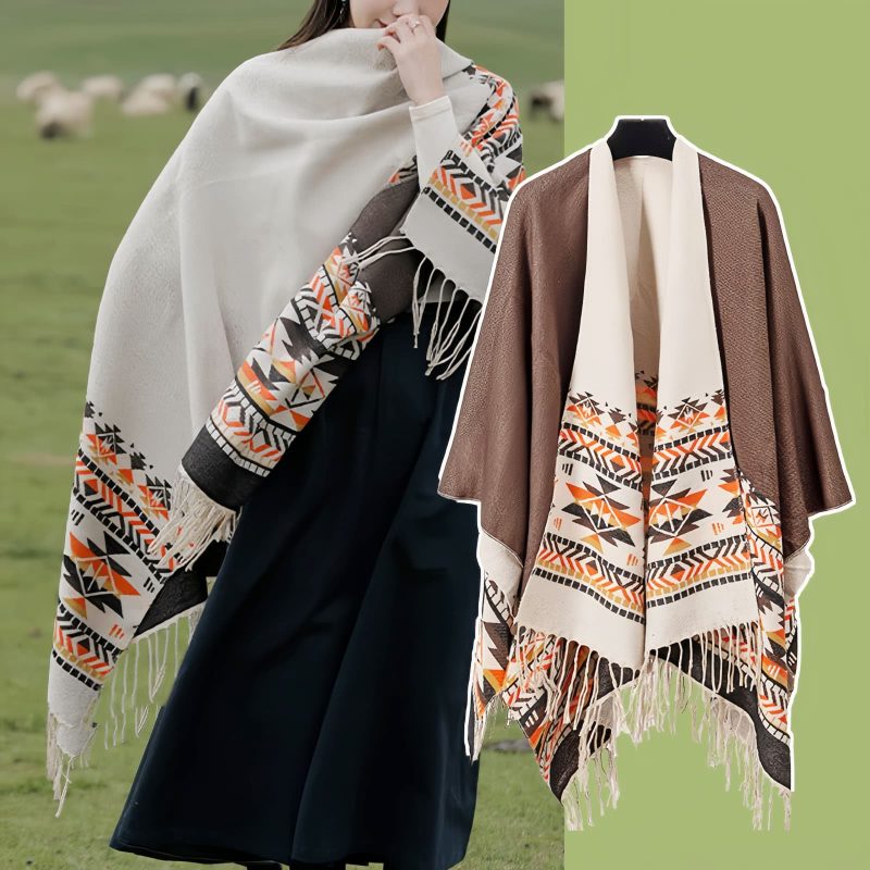 Chale Tibetano con Borlas Geométricas Tibetan Geometric Tassel Shawl