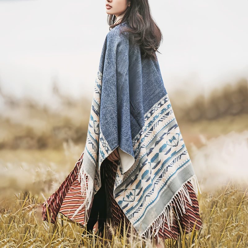 Chale Tibetano con Borlas Geométricas Tibetan Geometric Tassel Shawl