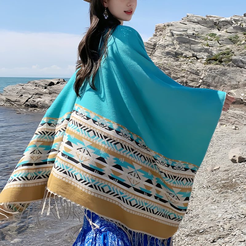 Chale Tibetano con Borlas Geométricas Tibetan Geometric Tassel Shawl