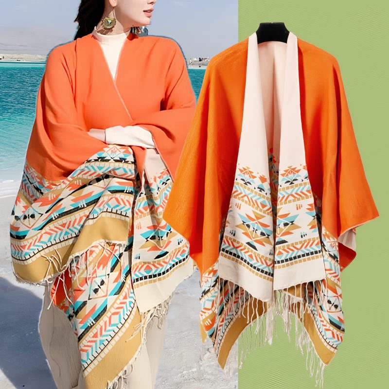 Chale Tibetano con Borlas Geométricas Tibetan Geometric Tassel Shawl
