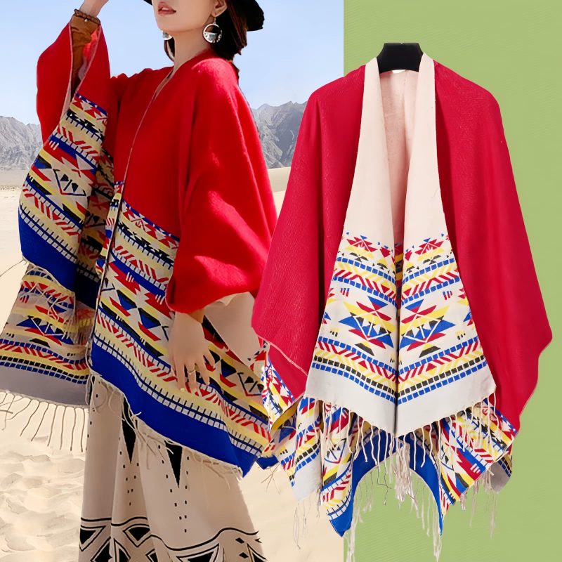 Chale Tibetano con Borlas Geométricas Tibetan Geometric Tassel Shawl