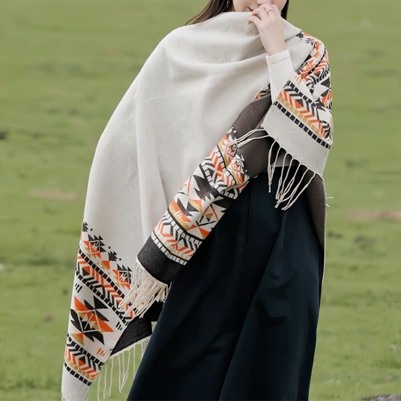 Chale Tibetano con Borlas Geométricas Tibetan Geometric Tassel Shawl