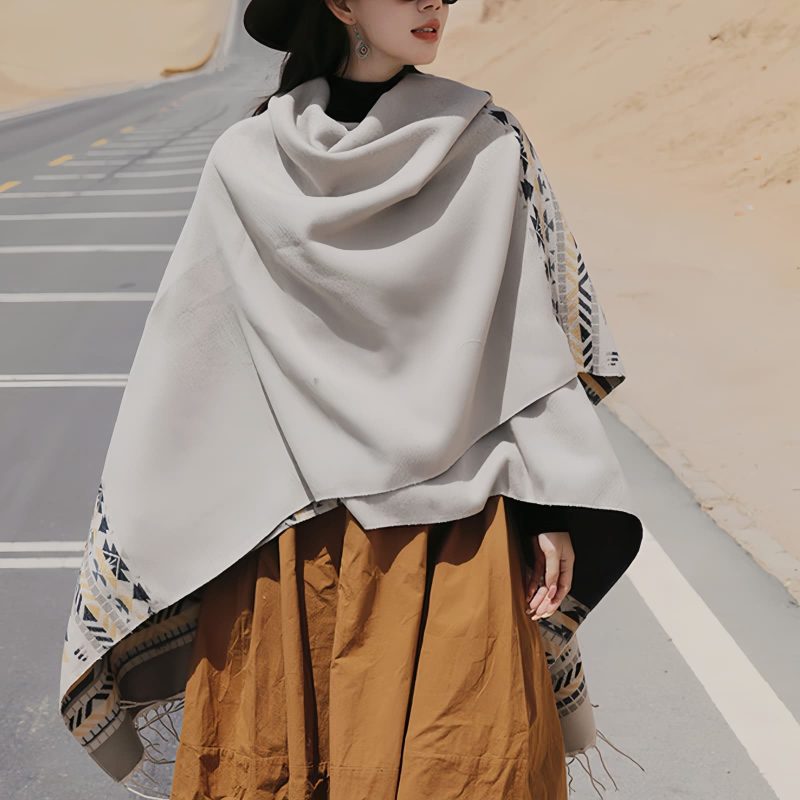 Chale Tibetano con Borlas Geométricas Tibetan Geometric Tassel Shawl