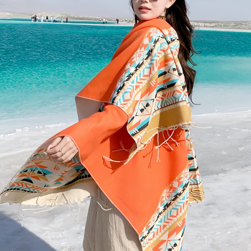 Chale Tibetano con Borlas Geométricas Tibetan Geometric Tassel Shawl