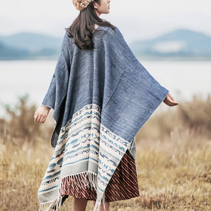 Chale Tibetano con Borlas Geométricas Tibetan Geometric Tassel Shawl
