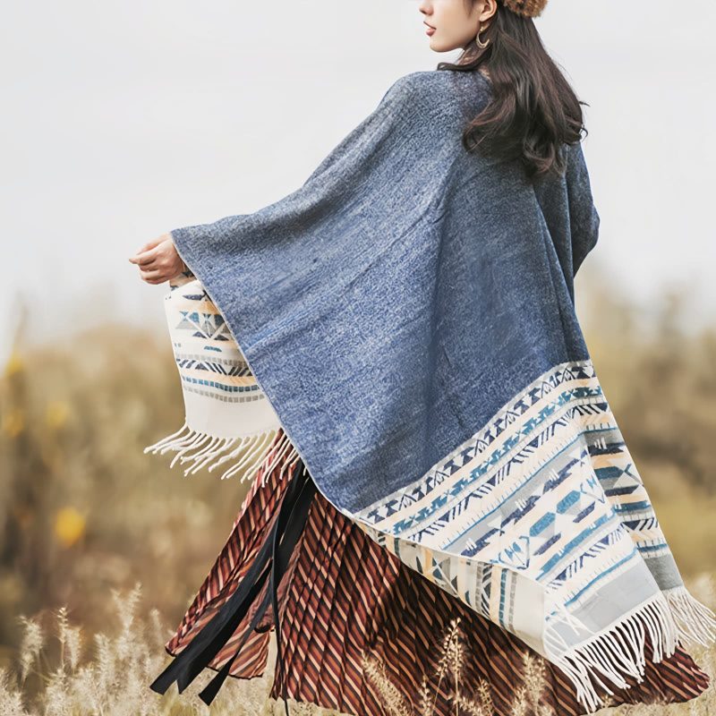 Chale Tibetano con Borlas Geométricas Tibetan Geometric Tassel Shawl