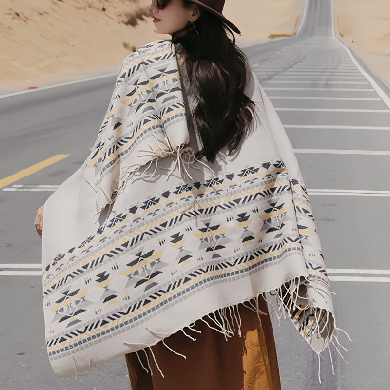 Chale Tibetano con Borlas Geométricas Tibetan Geometric Tassel Shawl