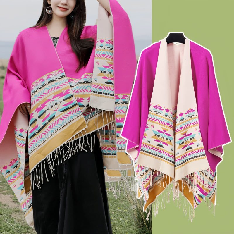 Chale Tibetano con Borlas Geométricas Tibetan Geometric Tassel Shawl