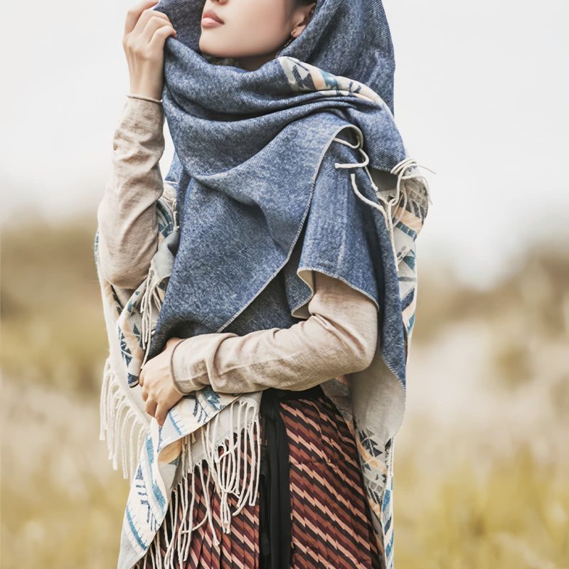 Chale Tibetano con Borlas Geométricas Tibetan Geometric Tassel Shawl