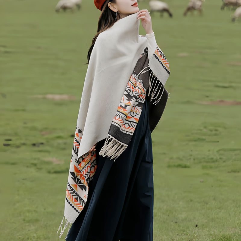 Chale Tibetano con Borlas Geométricas Tibetan Geometric Tassel Shawl