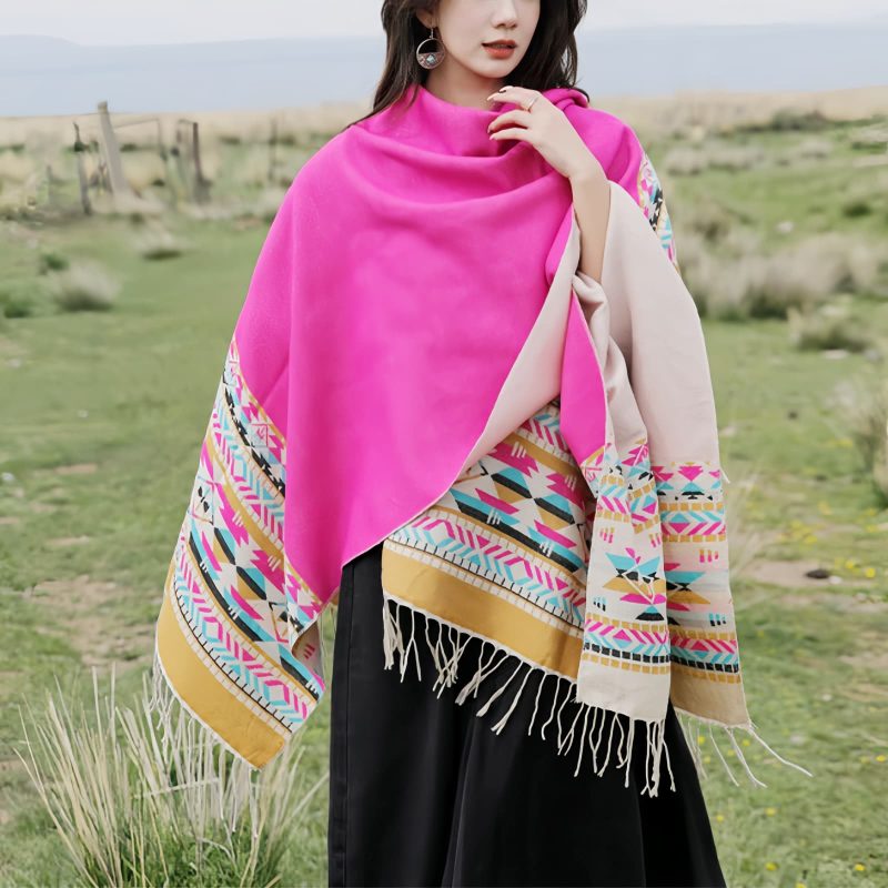 Chale Tibetano con Borlas Geométricas Tibetan Geometric Tassel Shawl