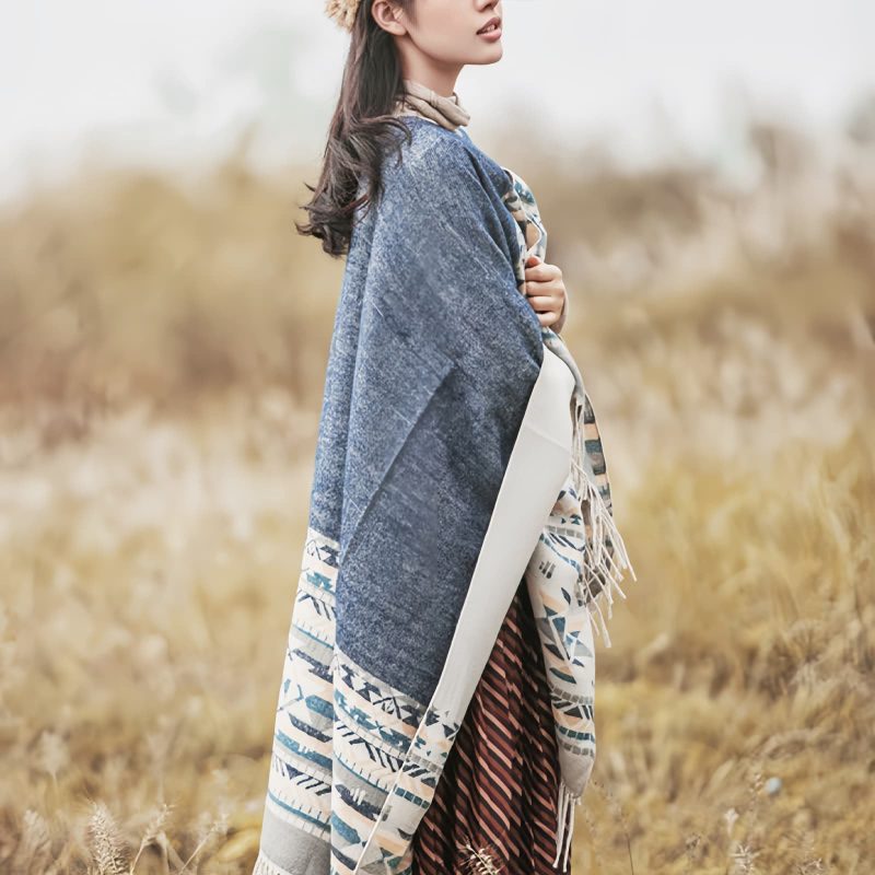 Chale Tibetano con Borlas Geométricas Tibetan Geometric Tassel Shawl