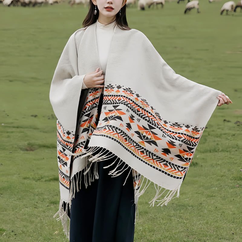 Chale Tibetano con Borlas Geométricas Tibetan Geometric Tassel Shawl