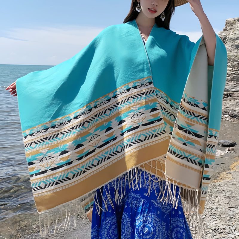 Chale Tibetano con Borlas Geométricas Tibetan Geometric Tassel Shawl