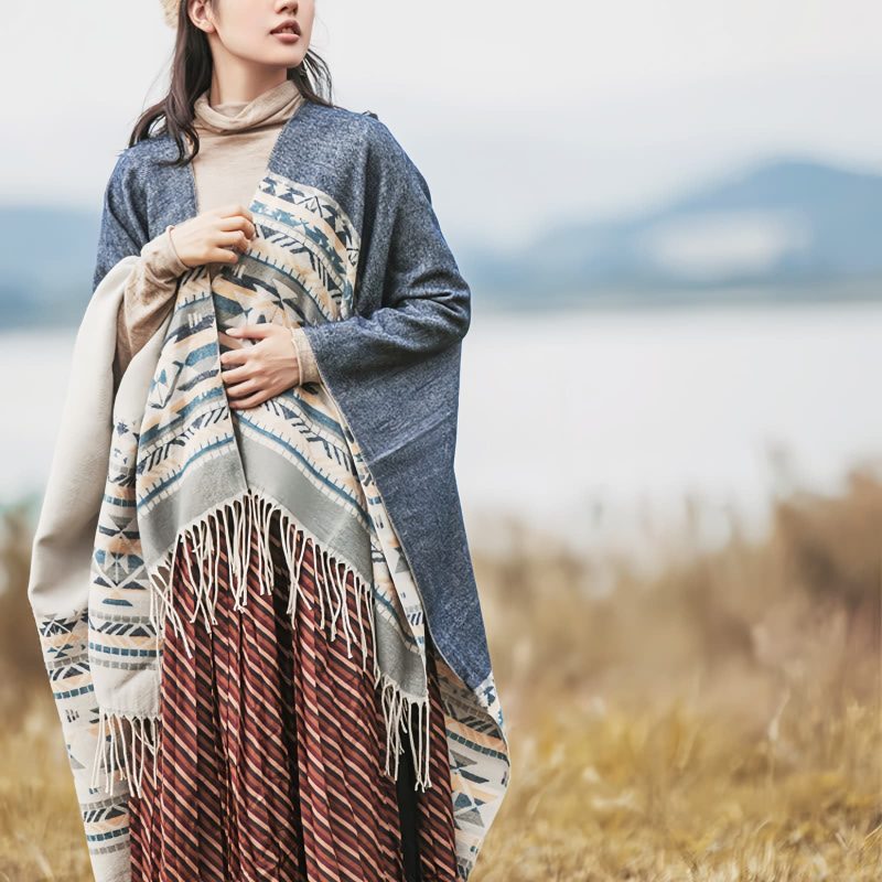 Chale Tibetano con Borlas Geométricas Tibetan Geometric Tassel Shawl