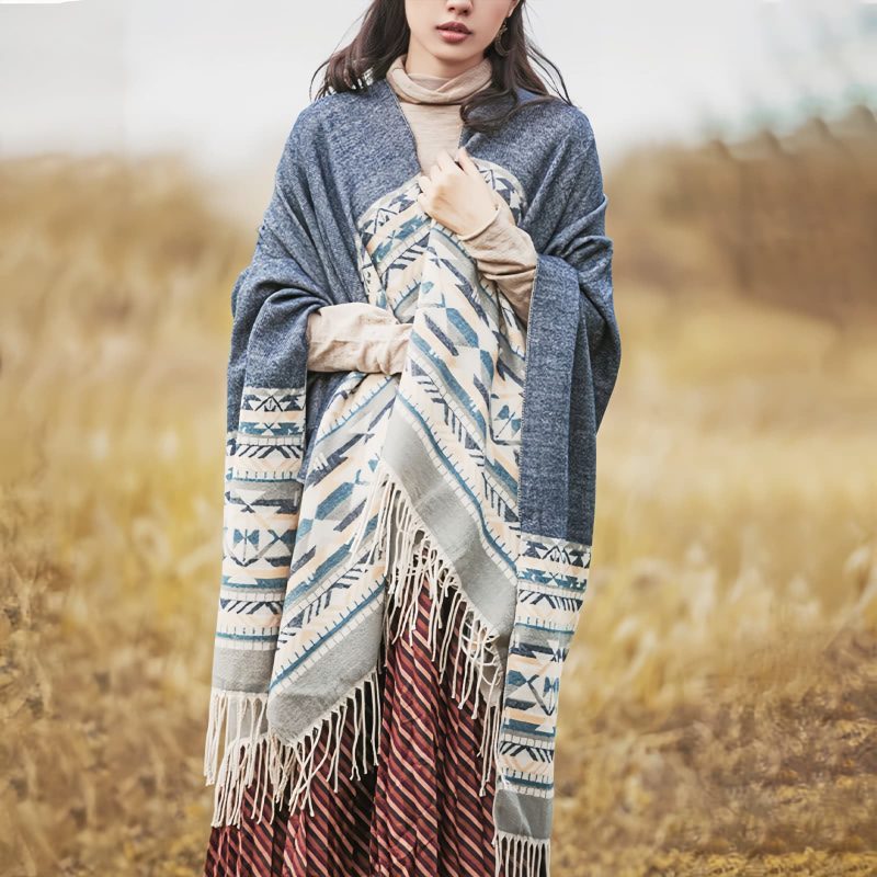 Chale Tibetano con Borlas Geométricas Tibetan Geometric Tassel Shawl